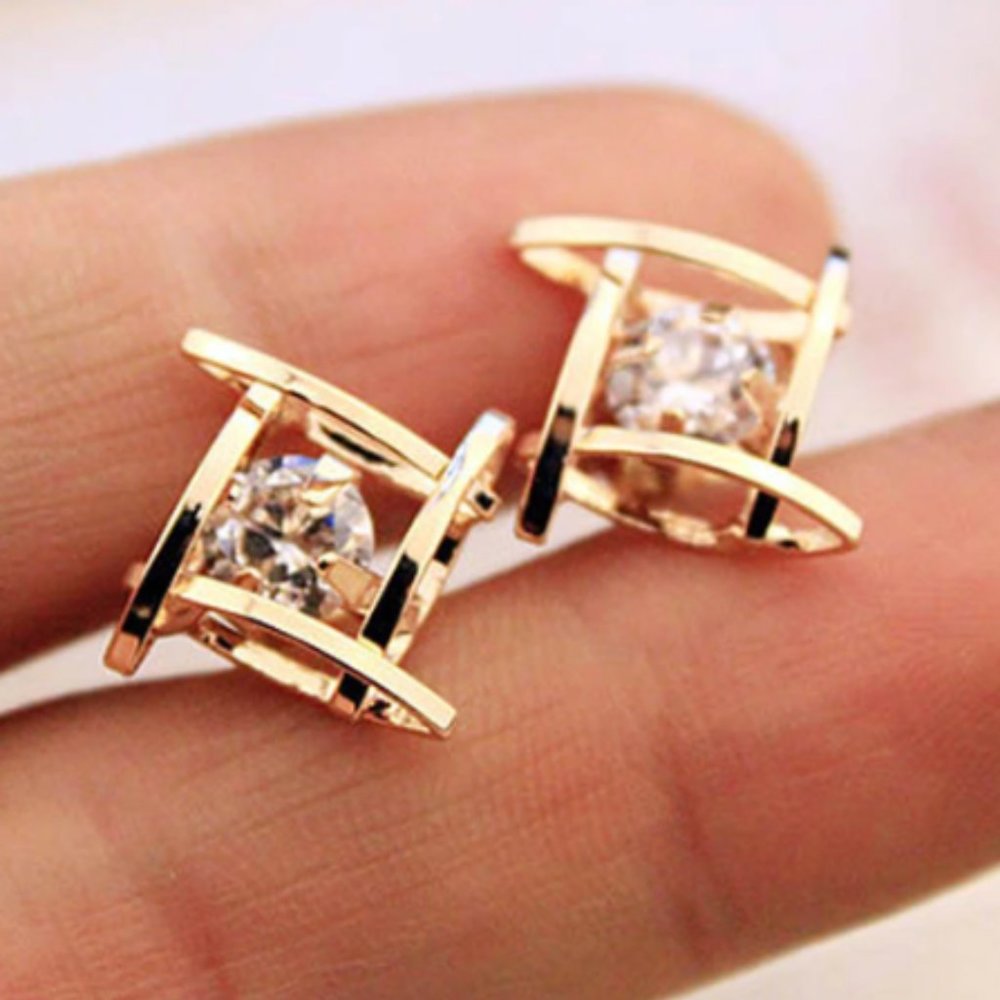 Gold Tone Caged Diamond Stud Earrings - Picture 2 of 5